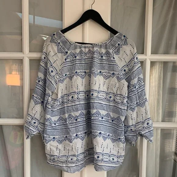 Merona Henna Design 3/4 Button Sleeve V-Neck Cotton Peasant Blouse - Picture 3 of 7